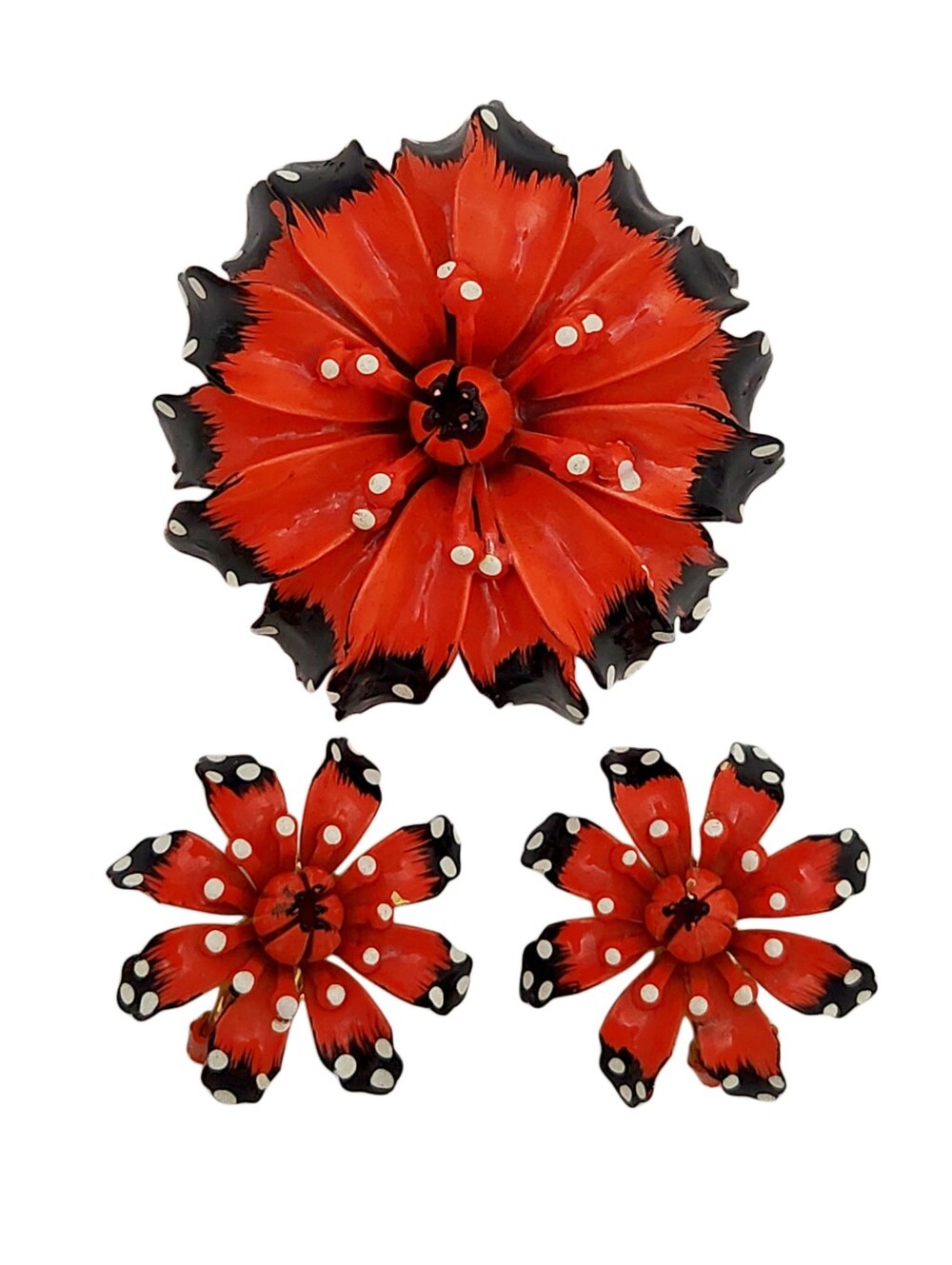 Vintage Enamel Flower Brooch Pin Clip-On Earrings Set Flower Power Jewelry VTG